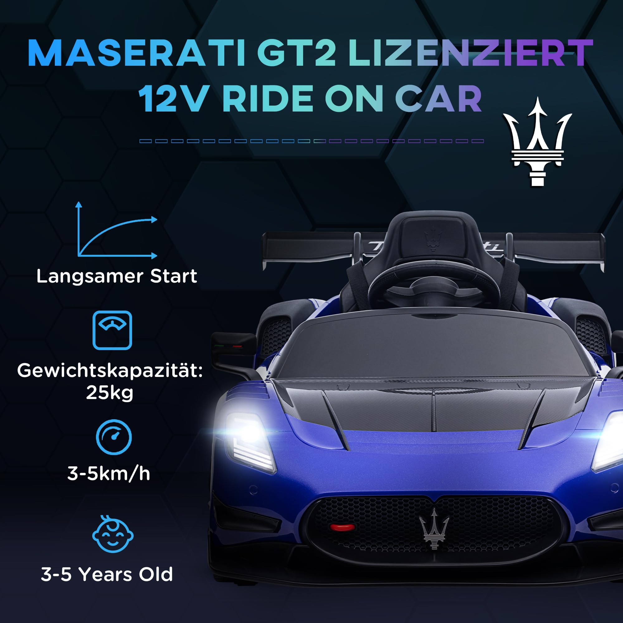 AIYAPLAY Kinder Elektroauto Maserati GT2 12V Doppelmotor 3-5 Jahre Blau | 2,4GHz Fernbedienung, Musik, Hupe, 4 Stoßdämpfende Räder, Lichten, Stützräder, 3-5 km/h, Elektro Kinderauto
