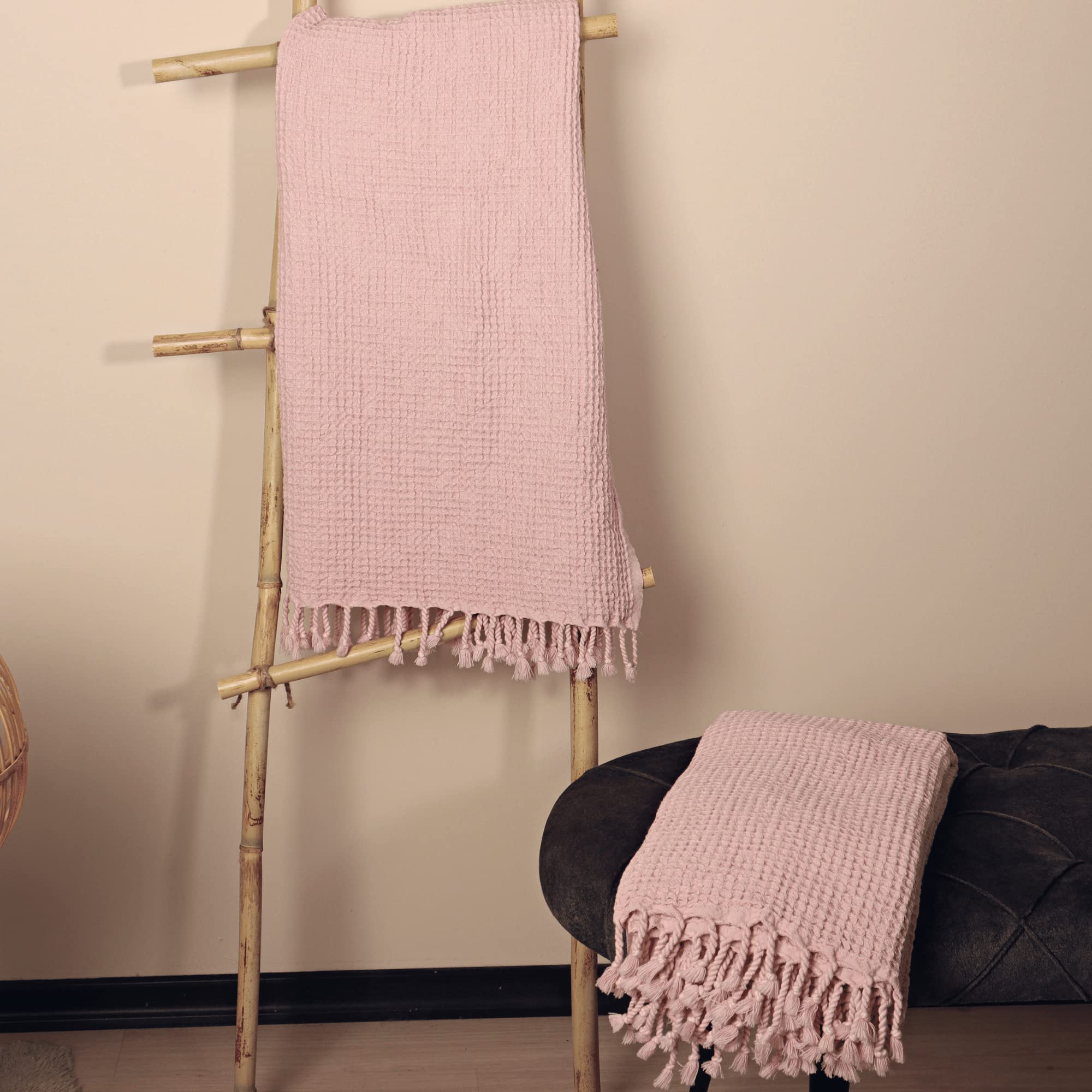 PÜSKÜL - Telo mare a nido d'ape in cotone turco, asciugamano a nido d'ape, asciugamano turco, waffle strutturato, fatto a mano, con nappa, morbido, sottile e ad asciugatura rapida (rosa chiaro, 2)