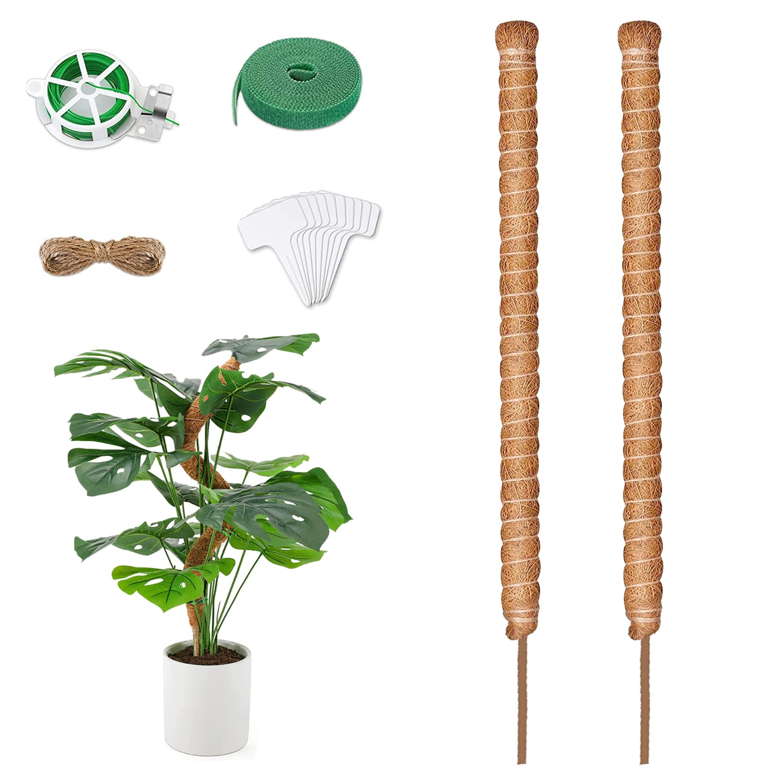 2 Pcs Moss Pole For Monstera, 25 inch Bendable Coco Coir Poles Plant Support Plant Pole Moss Pole Sticks for Climbing Plants Cheese Plant Growth with Twist Ties Plant Ties Labels Jute Rope (2 Pcs)