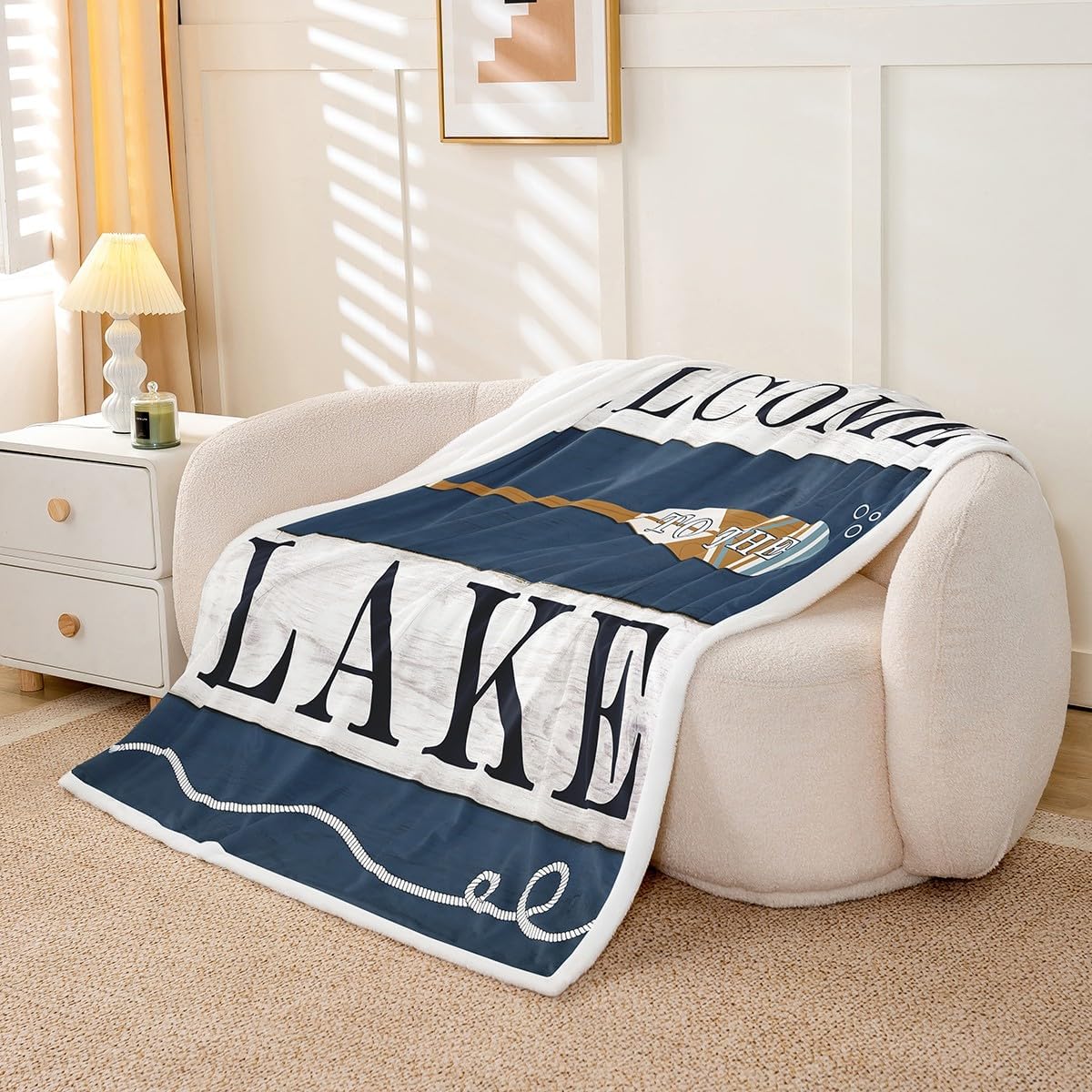Lake House Theme Bed Blanket Go Boating Throw Blanket Lightweight Soft Cozy Luxury Lake Paddles Fleece Blanket Retro Navy and Gray Flannel Blanket for Sofa Bedroom Office All Season(Twin 60"x80")