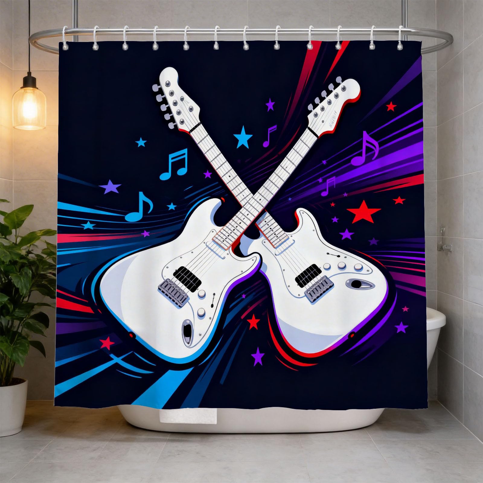 Hongduo 3D Electric Guitar Shower Curtain for Stalls Bathtubs Street Style Bathroom Decor Shower Curtain Set Polyester Fabric Waterproof 180x200cm/71X79 Inch with Hooks
