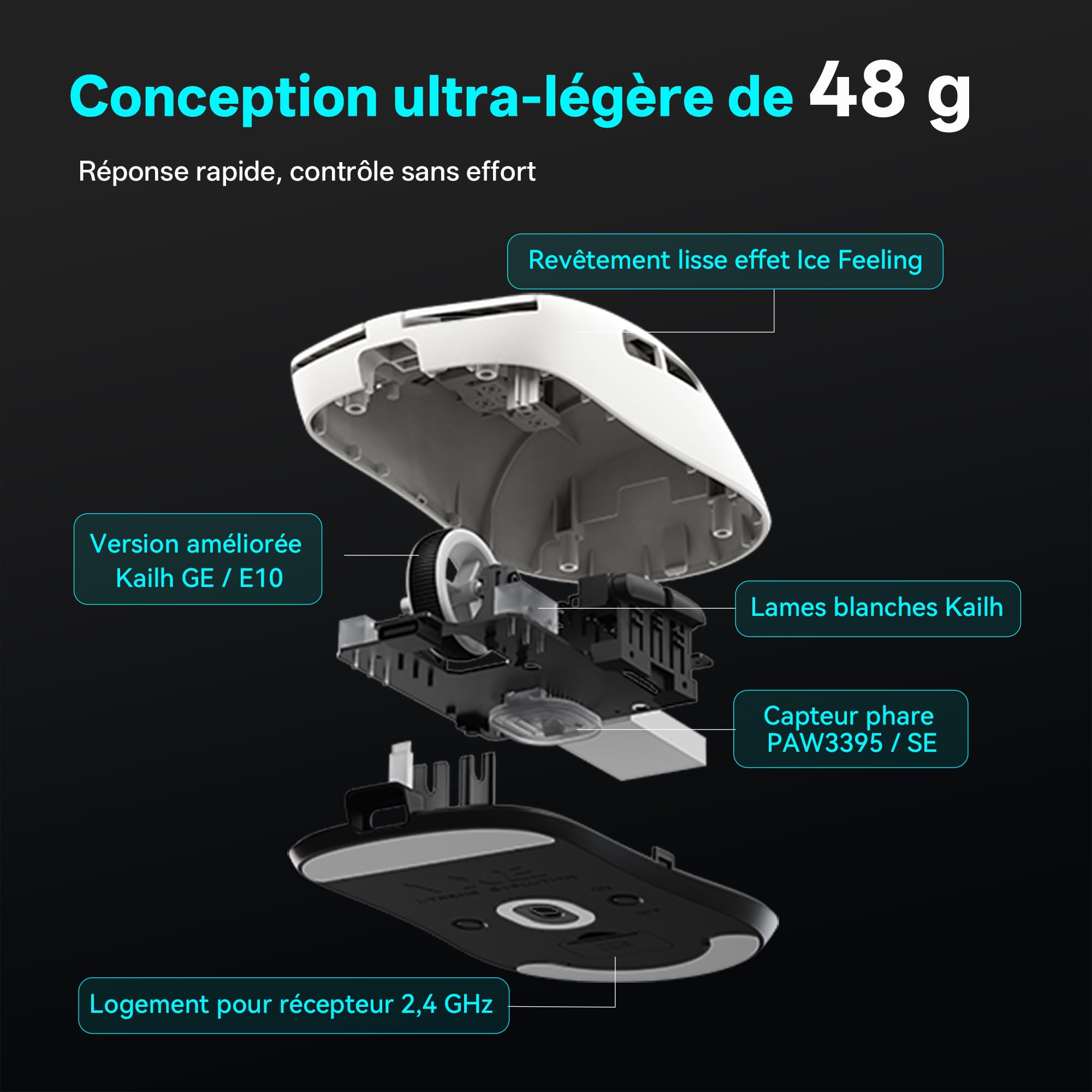 ATK VXE Dragonfly R1 Pro Max Souris Gaming sans Fil, Capteur PAW3395, jusqu'à 26 000 PPP, Ultra-légère 53g, Batterie 150 Heures, Revêtement Lisse Effet Glace, Double Mode 2,4 G/Filaire – Noire