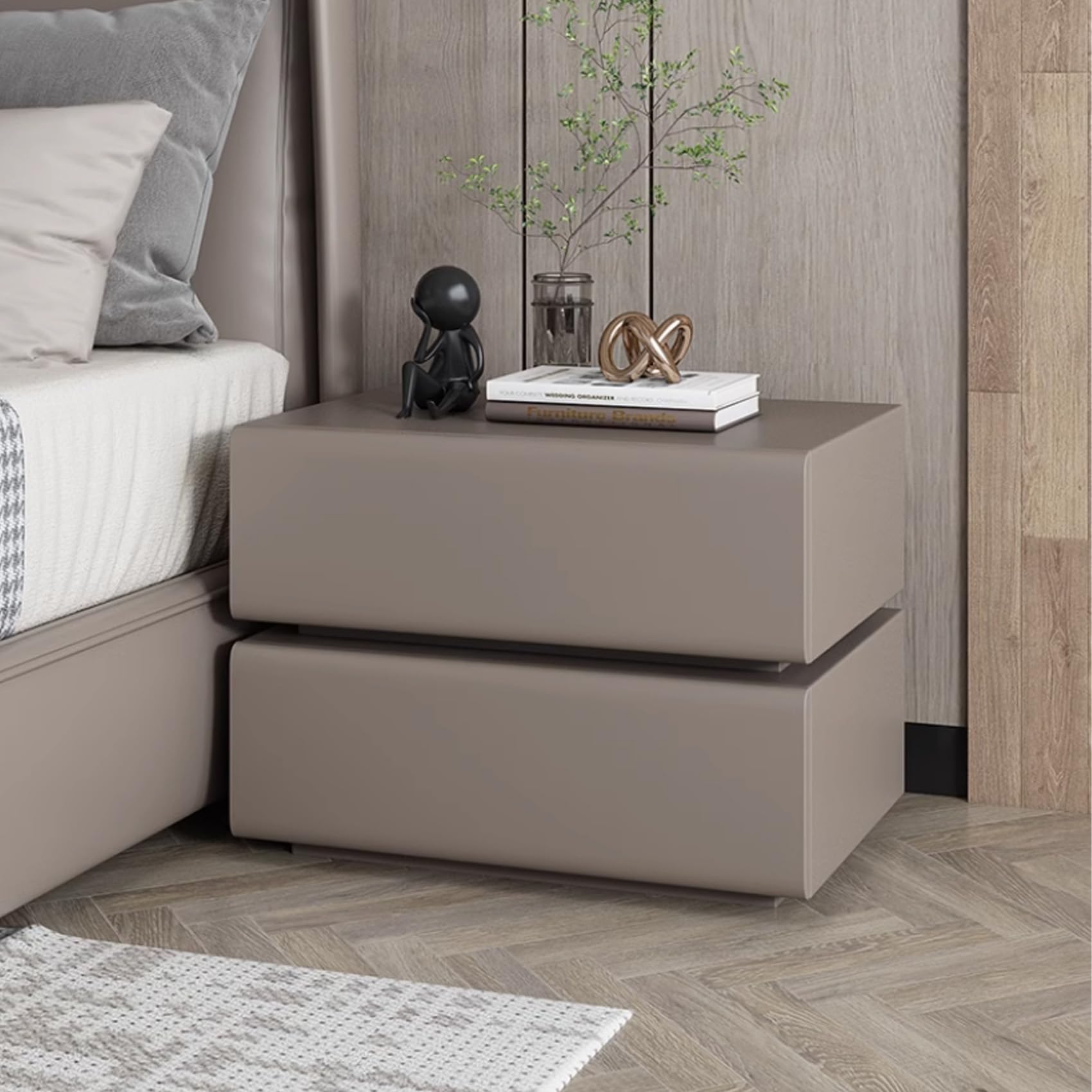Nowoczesna szafka nocna z 2 szufladami stolik nocny z litego drewna ze skórą z mikrofibry stolik nocny do sypialni do przechowywania brązowy 30 cm x 37 cm - stylowe i funkcjonalne futro