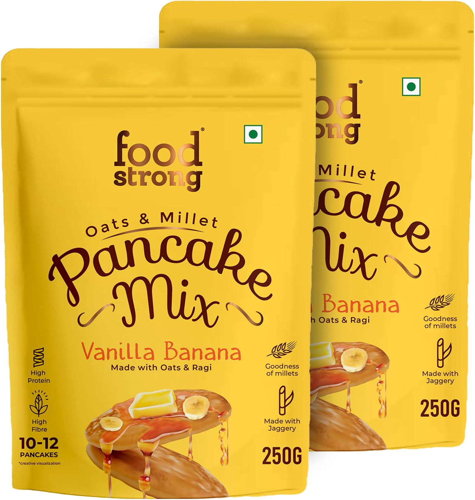 Foodstrong Oats and Millets Vanilla Banana Pancake Mix, High Fibre & Protein, No Maida, No Refined Sugar - Made With Jaggery, Eggless Instant Breakfast Mix 250G x Pack of 2