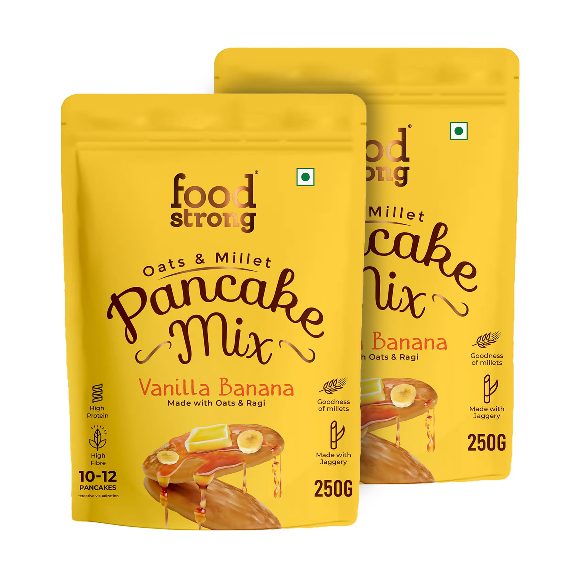Foodstrong Oats and Millets Vanilla Banana Pancake Mix, High Fibre & Protein, No Maida, No Refined Sugar - Made With Jaggery, Eggless Instant Breakfast Mix 250G x Pack of 2
