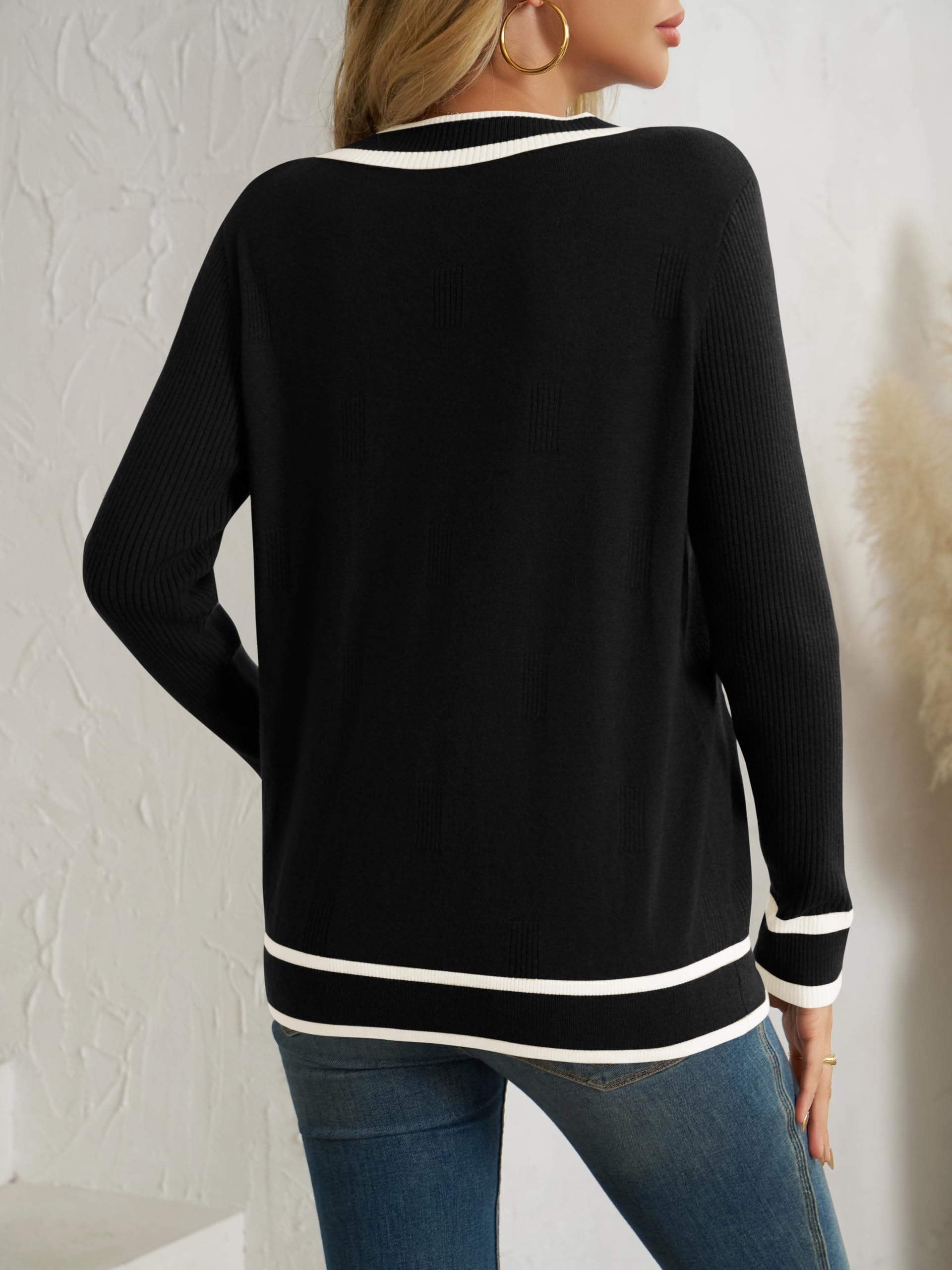 Saodimallsu Jersey de manga larga para mujer, cuello en V, jersey de punto ligero, a rayas, informal, básico, para otoño e invierno