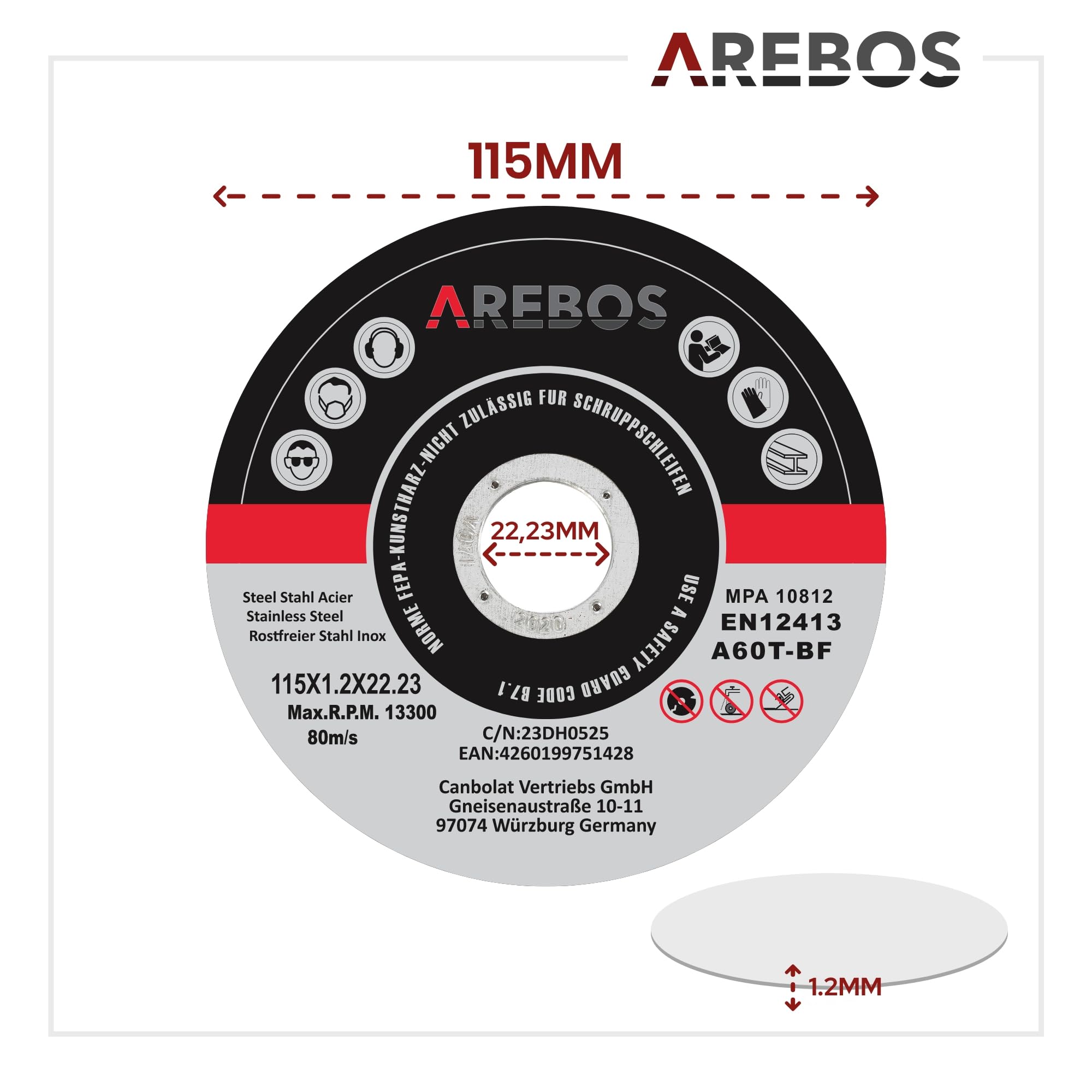 Arebos Discos de corte 200 piezas | Ø 115 mm x 1 mm x 22,2 mm | apto para acero, acero inoxidable, inox, hierro, chapa, metal | avance y retroceso | certificado EN 12413 | (MPA)
