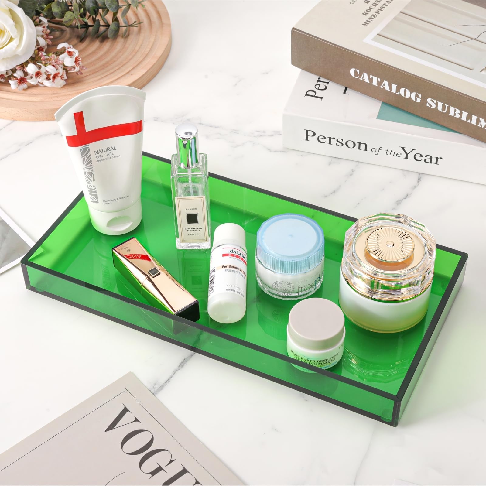 Vassoio decorativo in acrilico per bagno, profumo, gioielli, trucco, per comò, piccolo organizer da scrivania, vassoio per lavello per bancone, verde smeraldo
