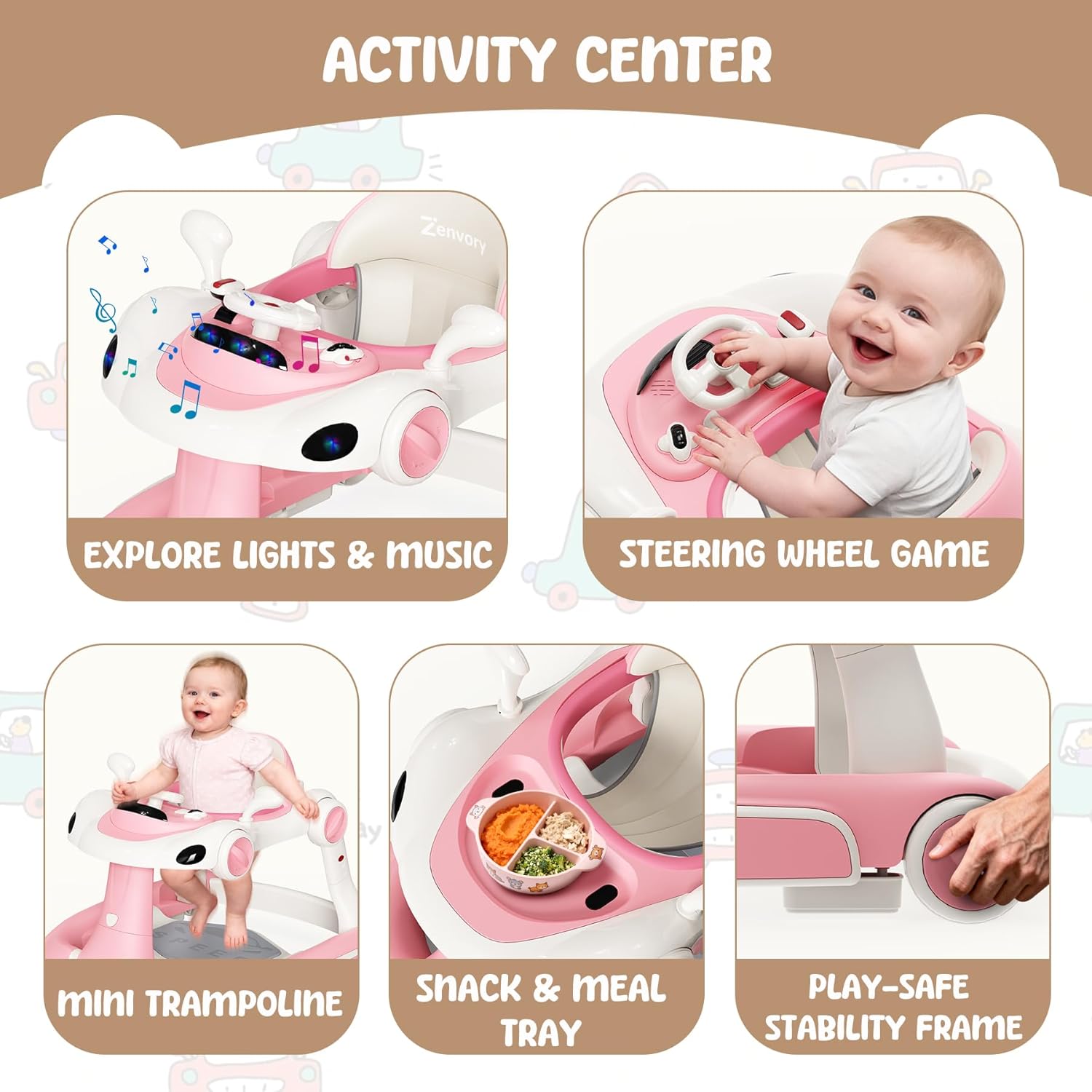 6 in 1 Foldable Baby Walker, Activity Baby Walker-Baby Bouncer, Rocker, Activity Center,Push Walker,Detachable Trampoline Mat, Adjustable Speed Rear Wheels and Height,Music & Lights,Ages 6-18 Months - Image 4