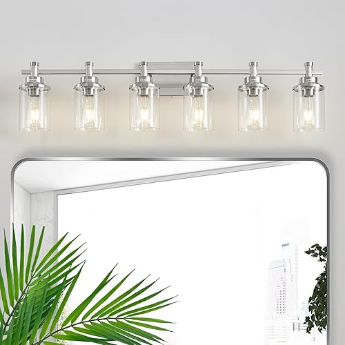 Lámpara de tocador de baño de 6 luces, lámparas de baño de níquel cepillado sobre el espejo, luces de tocador de montaje en pared con pantalla de