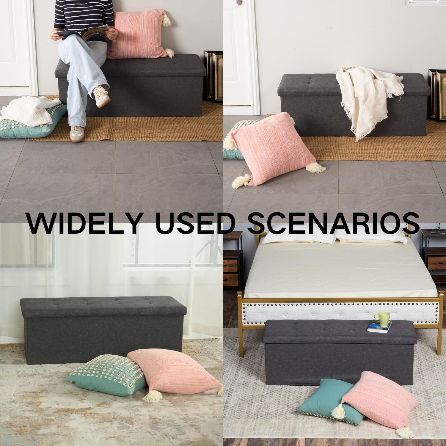 FurnitureR Banc Tissu pour Chambres d'enfants, Ottoman en Bout de Lit, Repose-Pieds, Coffre de Rangement Intérieur avec Compartiment Amovible, Gris, 110 x 38 x 38cm