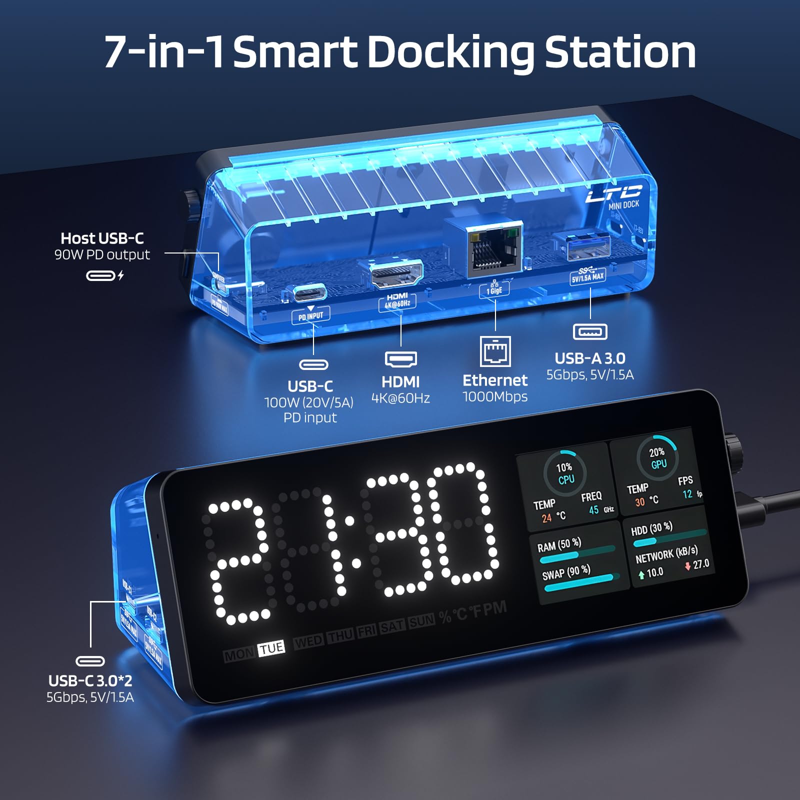 LTC DS071P Docking Station, RGB, HDMI, Nero, con Pannello di Controllo