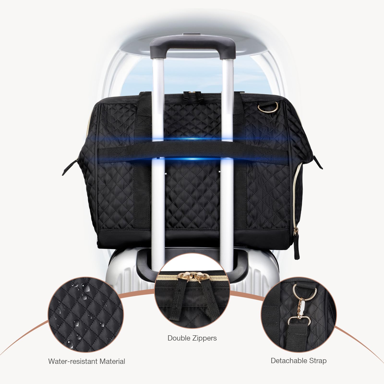 Lekesky Borsa da viaggio donna 33L, Nero trapuntato, 45L