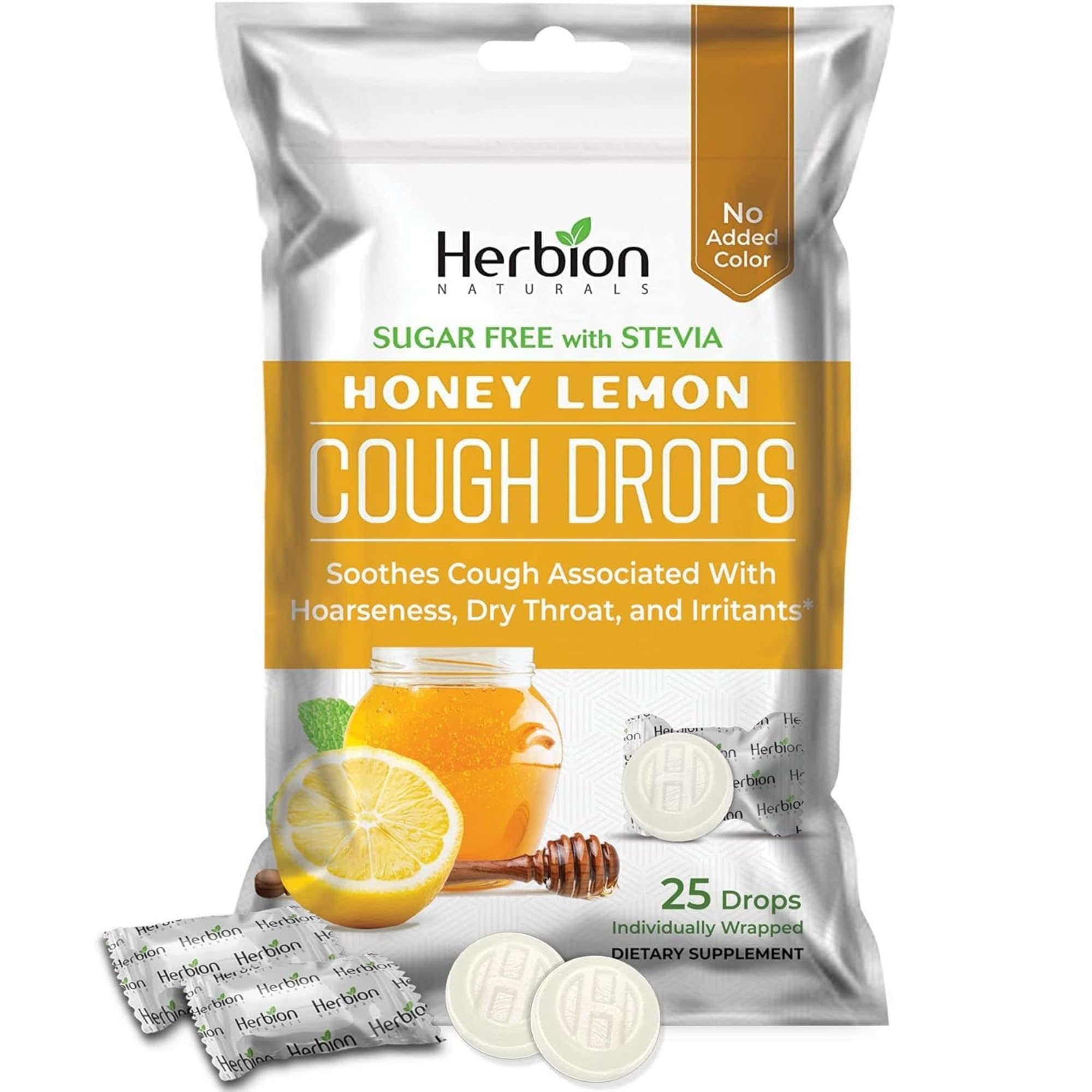 HERBION Naturals Cough Drops, Sugar Free with Stevia, Dietary Supplement, Soothes Cough, for Adults & Children Over 6 Years, 25 Count, Honey Lemon, Pack of 1