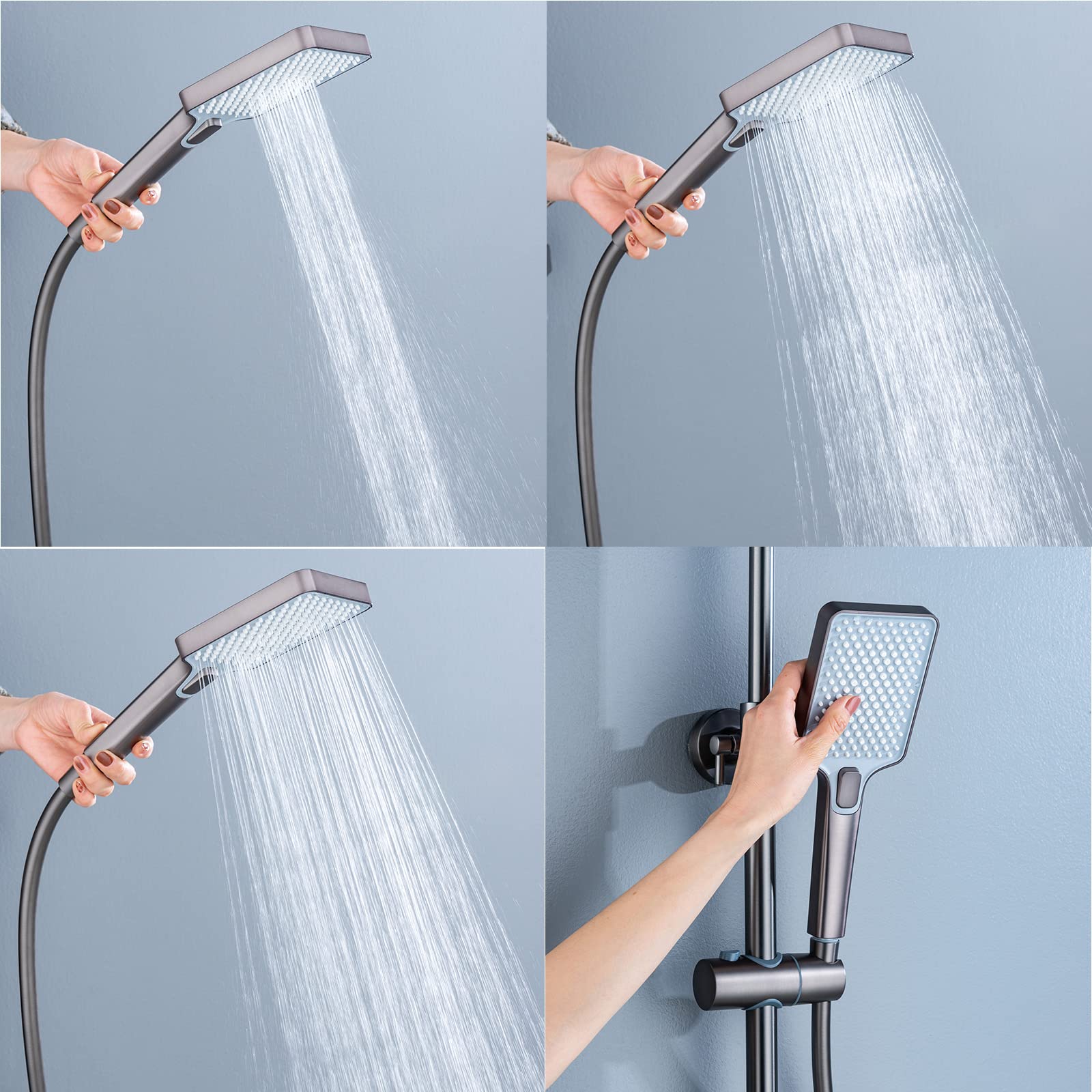 Sistema Doccia a Pioggia con soffione, Set Rubinetto a Parete, Miscelatore in Ottone, beccuccio per Vasca, doccetta a 3 modalità, spruzzatore per Bidet, Grigio (Nero)
