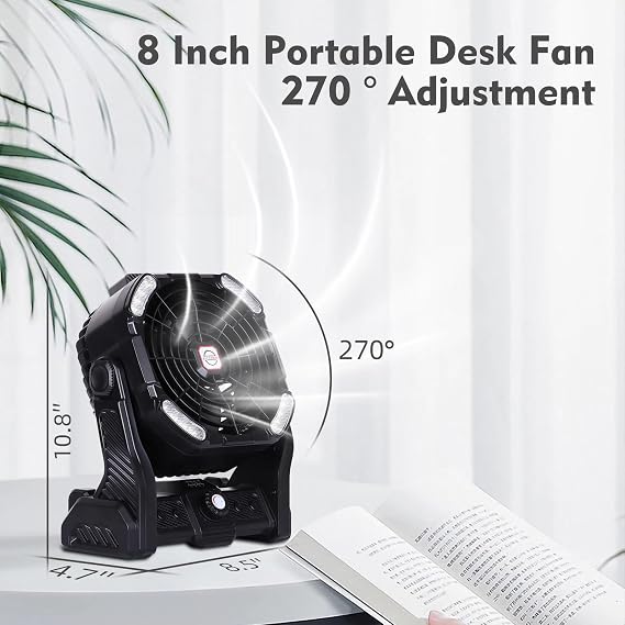 RUNTOP Portable Fan Rechargeable, 20000mAh Battery Powered Fan with LED Lantern,Table Fan, Battery Operated Fans for Travel Home Office Bedroom Camping Tent Beach Desk Fishing X26 Black