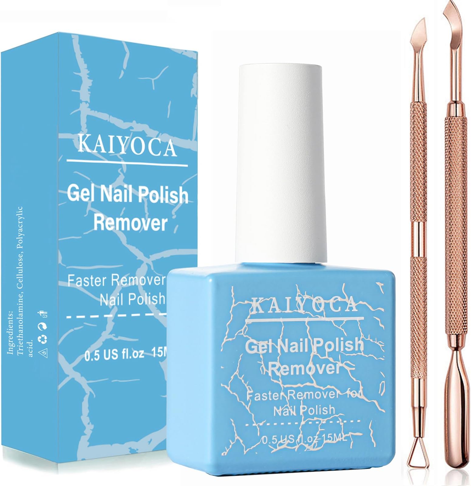 KAIYOCA Gel Nail Polish Remover 15ml, with Cuticle Pusher and Scraper, Professional Polish Kit for Nails, Non-Irritating, Easily & Quickly Gel Remove in 3-5 Minutes