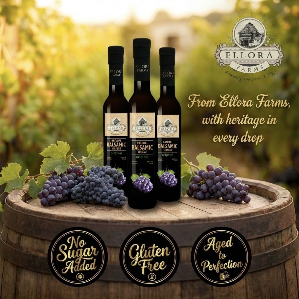 Ellora Farms, Plain Natural Balsamic Vinegar, Award-Winning, Thick and Creamy, No-added Sugars, No-Preservatives, Glass Bottle, 8.45 oz., Pack of 1