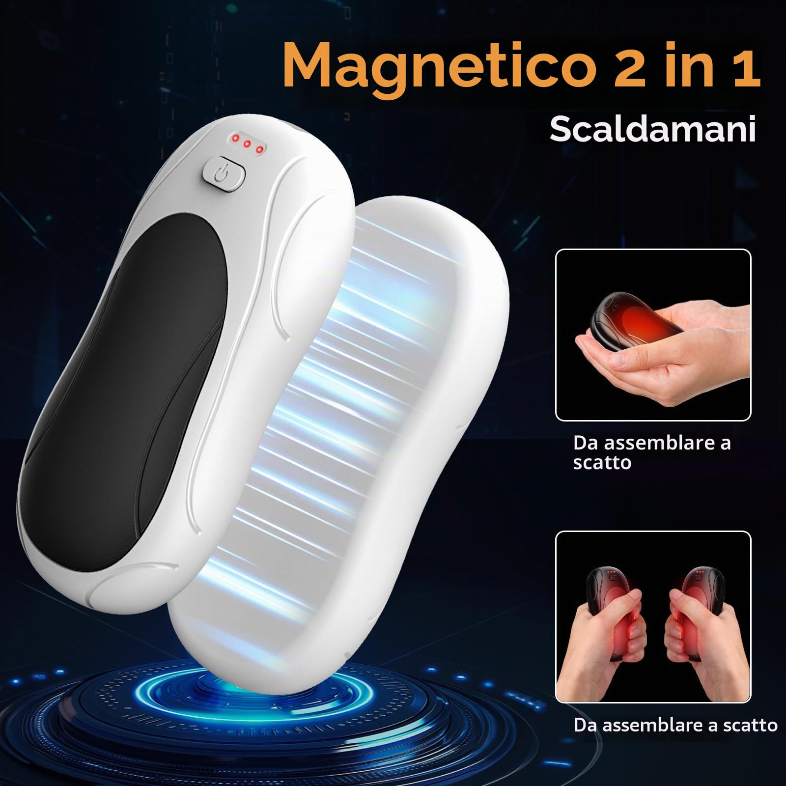 Scaldamani Ricaricabile, 2 Pack Elettrico Portatile, Durata Elettrico Tascabile Scaldamani con 3 Livelli di Calore per Esterno, Campeggio