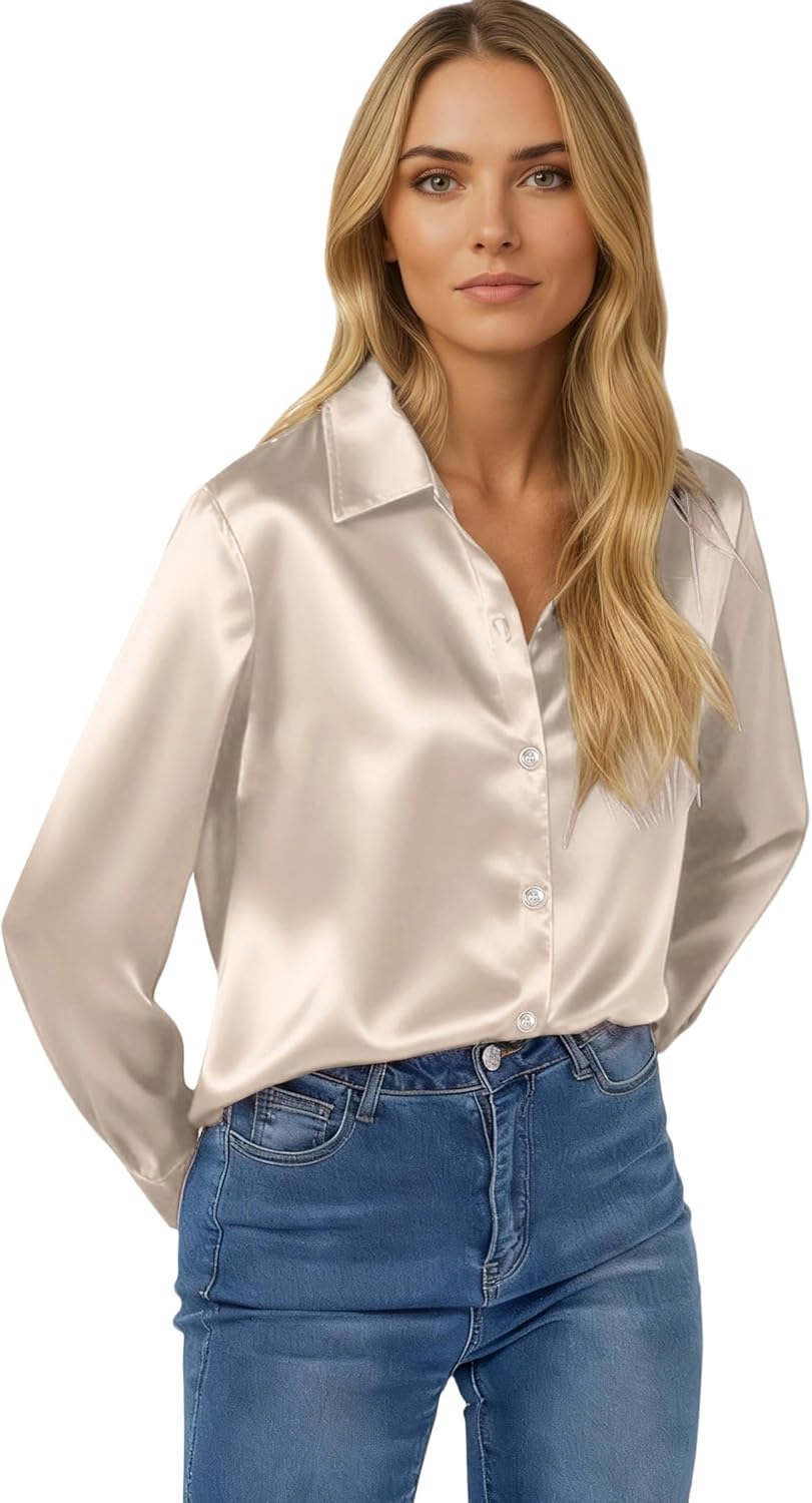 Satin Shirts for Women, Silk Blouses for Women Dressy Elegant Satin Button Down Shirts Holiday Tops Christmas Party Outfits - Image 3
