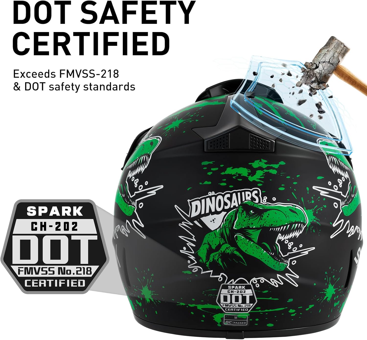 spark youth kids dirt bike helmets - lightweight & vented, full face, 4pcs set with gloves, goggles & mask for ages 5-14 (motocross atv off-road) dot approved large dino green