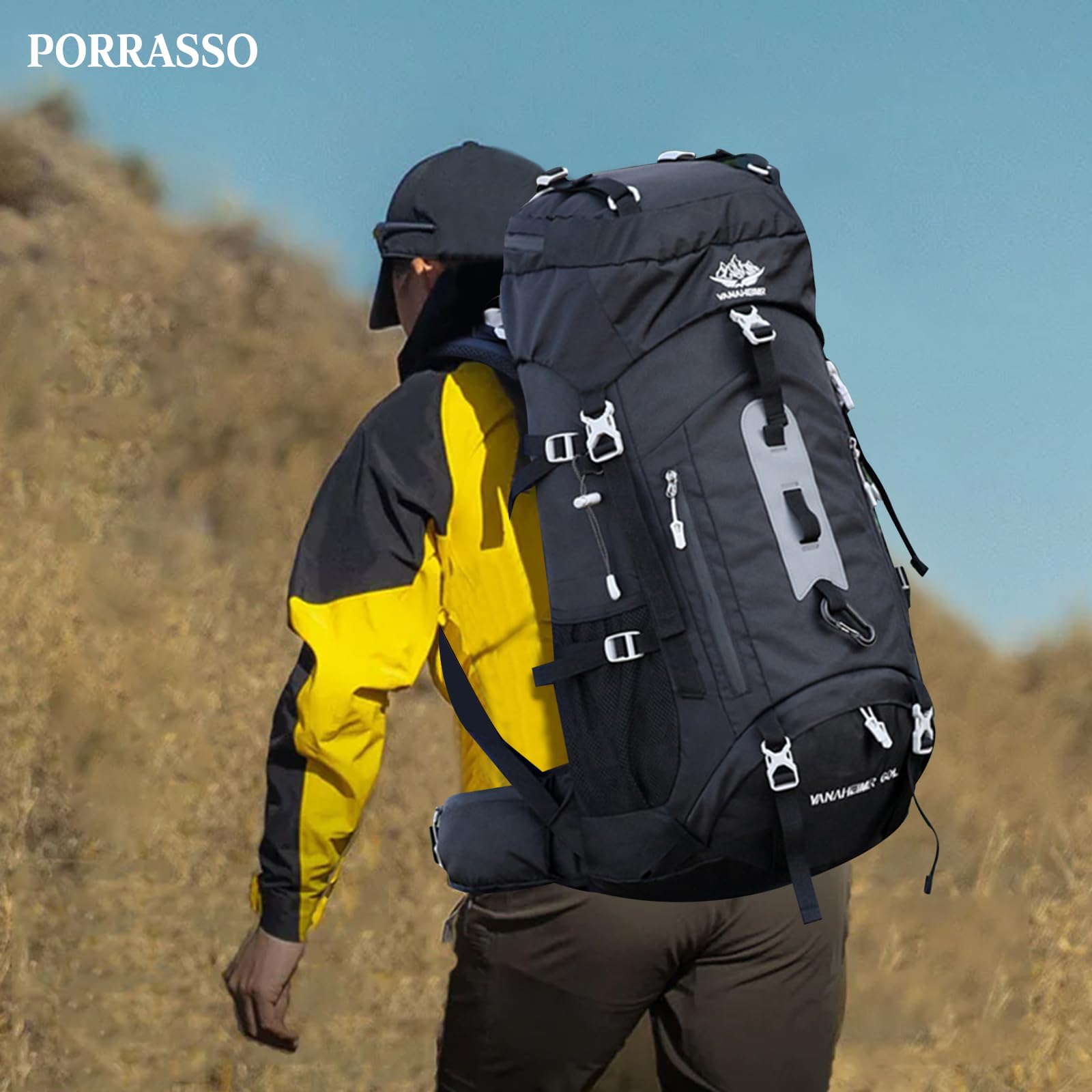 Zaino da Trekking 60L Zaino Impermeabile Zaini con Copertura per la Pioggia Hiking Backpack per Donna Uomo Escursionismo Campeggio Arrampicata Viaggio Nero