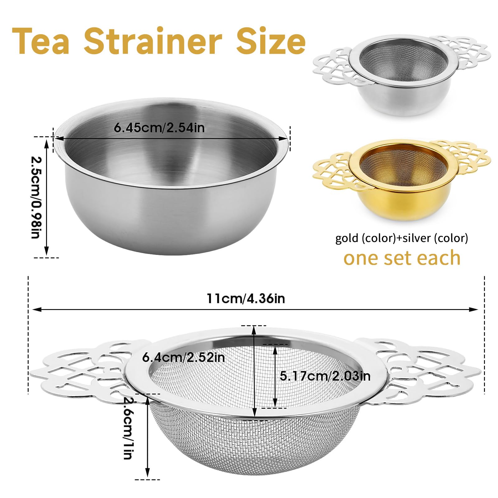 2 Pack Tea Strainer for Loose Leaf Tea, Tea Mesh Strainer for Loose Tea, Fine Mesh Tea Strainers with Bowl (One gold One silver)