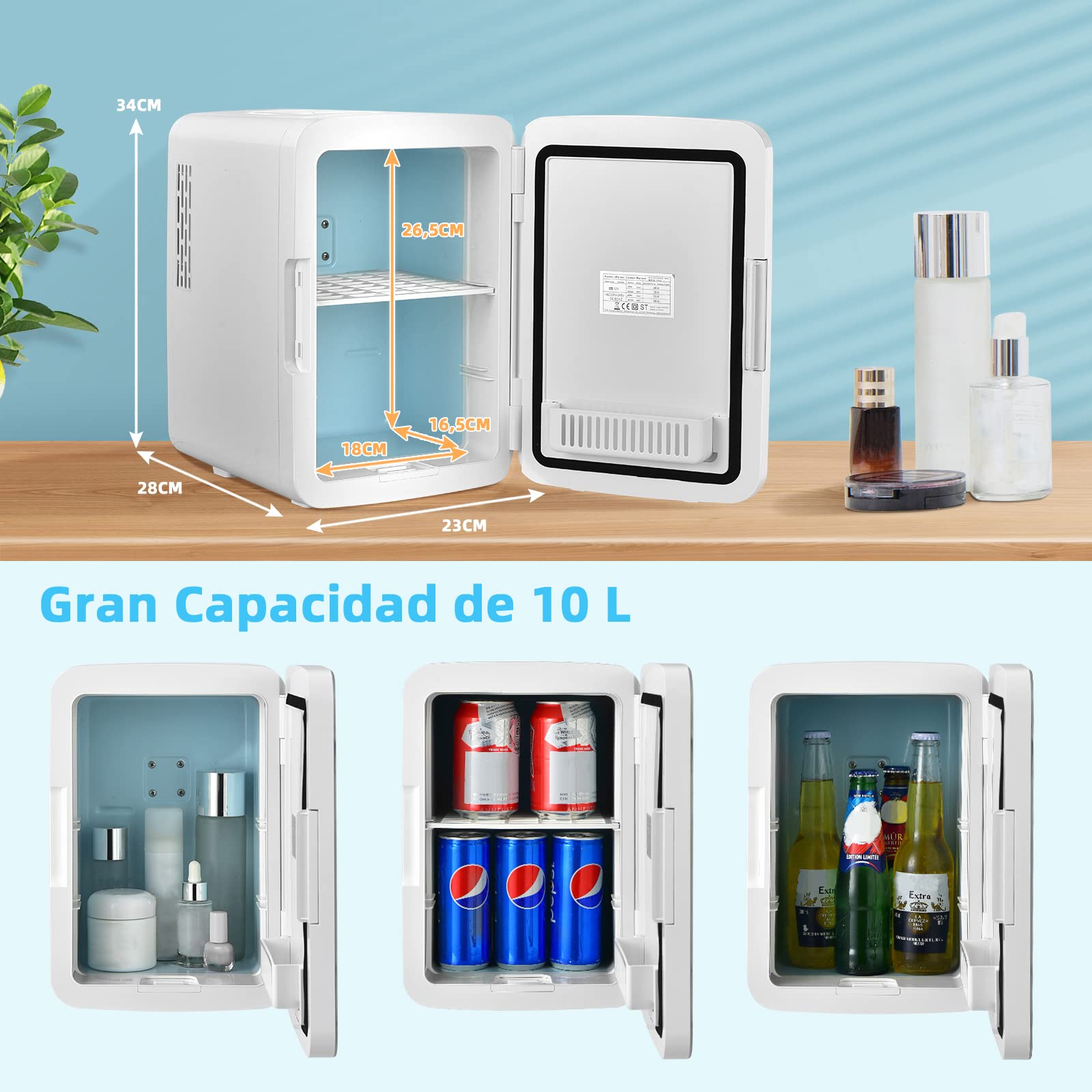 COSTWAY Mini Nevera, Nevera Portátil 10 L AC/DC con Espejo LED, Repisas Removibles para Maquillaje Bebidas, Frigorífico Compacto, Nevera Termostática y Calentamiento para Coche y Dormitorio