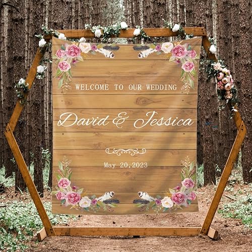 Telón de fondo de boda floral personalizado, pancarta de poliéster con nombres y fecha, incluye 3 clips de púas y 3 ganchos de uñas que no dejan