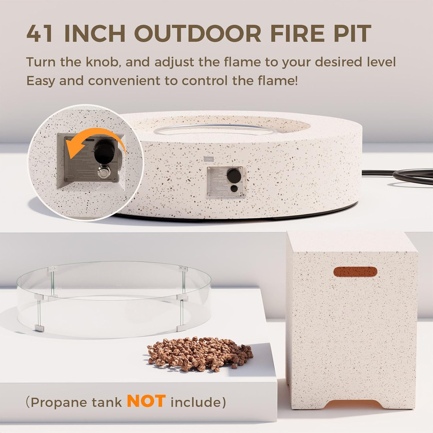 SUNBURY Outdoor 42 Inch Propane Fire Pit Table, 50000 BTU Spotted White Patio Gas Fire Table w Glass Wind Guard, Tank Table, Lava Rocks