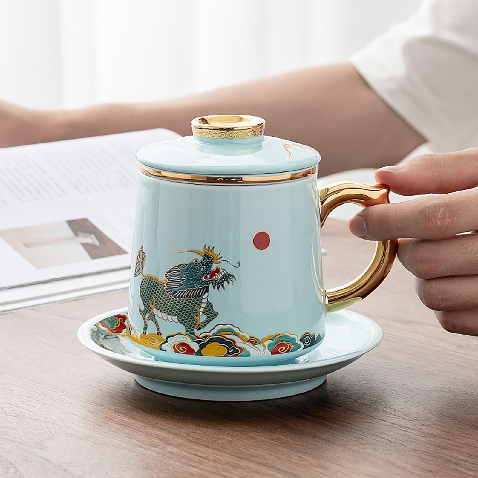 Tazza con infusore e coperchio, per tè sfuso, per tè sfuso, tazza da ufficio, tazza in ceramica con coperchio, separazione del tè, tazze da tè per uso domestico (ciano)