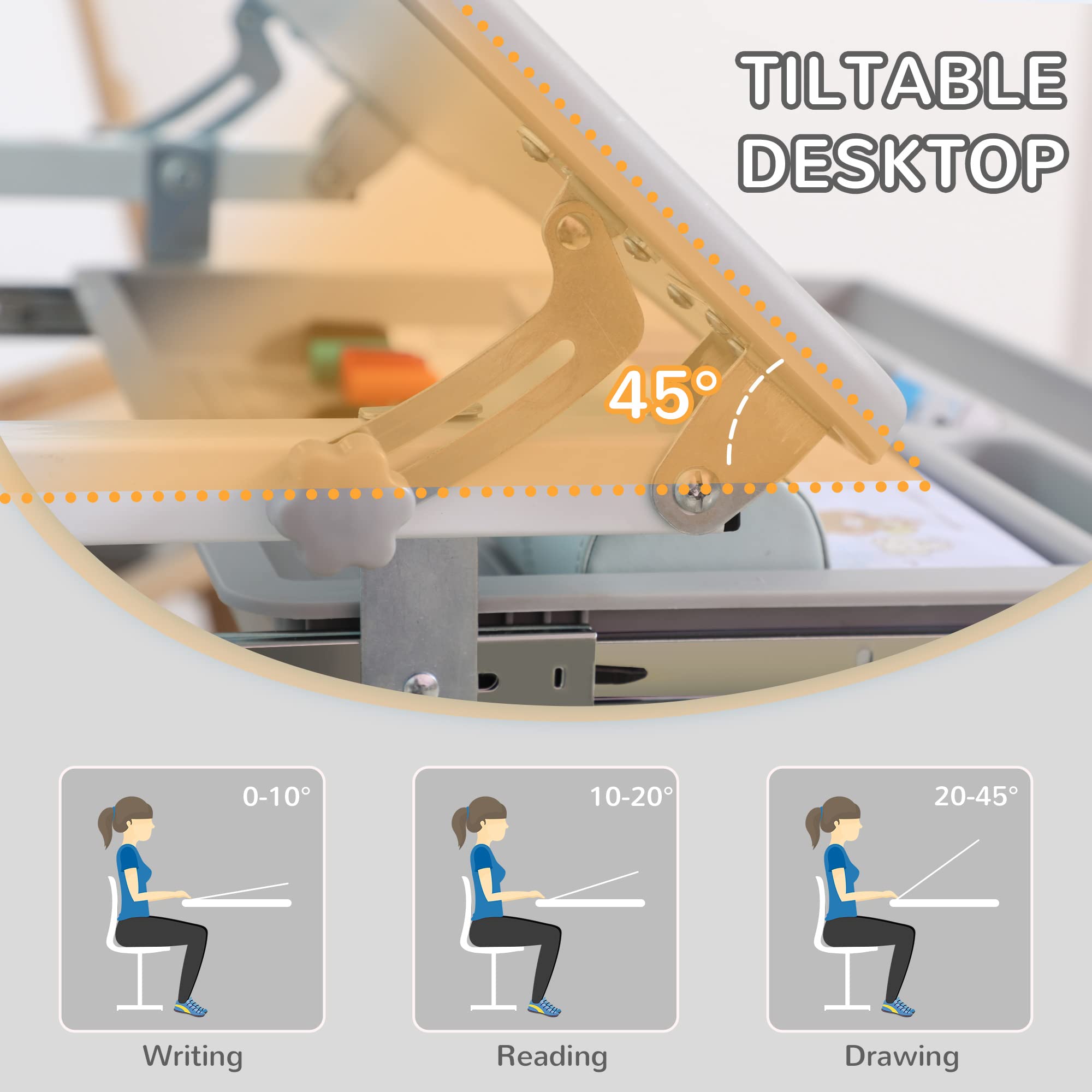 HOMCOM Escritorio infantil con silla, juego de escritorio y silla para niños con altura regulable, tablero inclinado 45°, cajón extraíble, portalápices y gancho - en acero gris-blanco