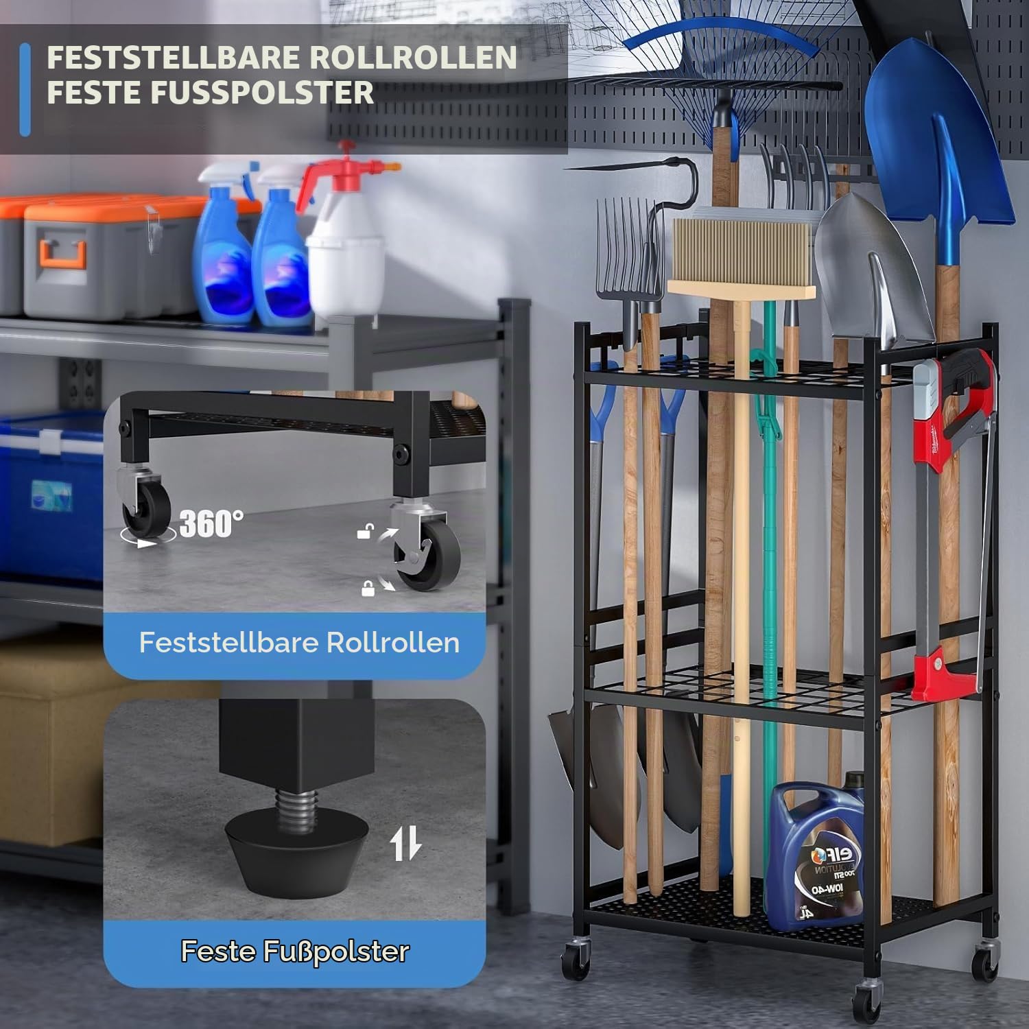 Gartengerätehalter Stehend mit 35 Schlitzen & Stahl-Gitterrost – Stabiler Gartengeräte Aufbewahrung Ständer mit Haken, Robustes Stahlregal für Schaufel, Rechen, Besen – Platzsparende Aufbewahrung