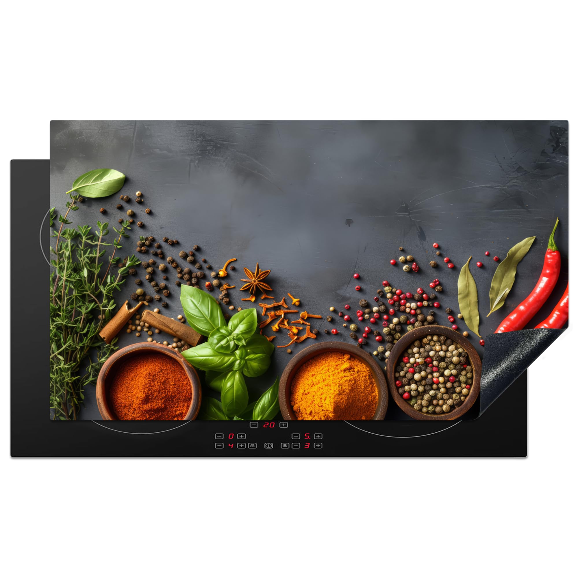 KitchenYeah© Induction Hob Protector Mat 20.5"x35.9" / 91.2x52 cm Stove Cap Top Cover Kitchen Cooker Covers for Electric Hobs Vinyl Herbs - Concrete - Spices - Pepper