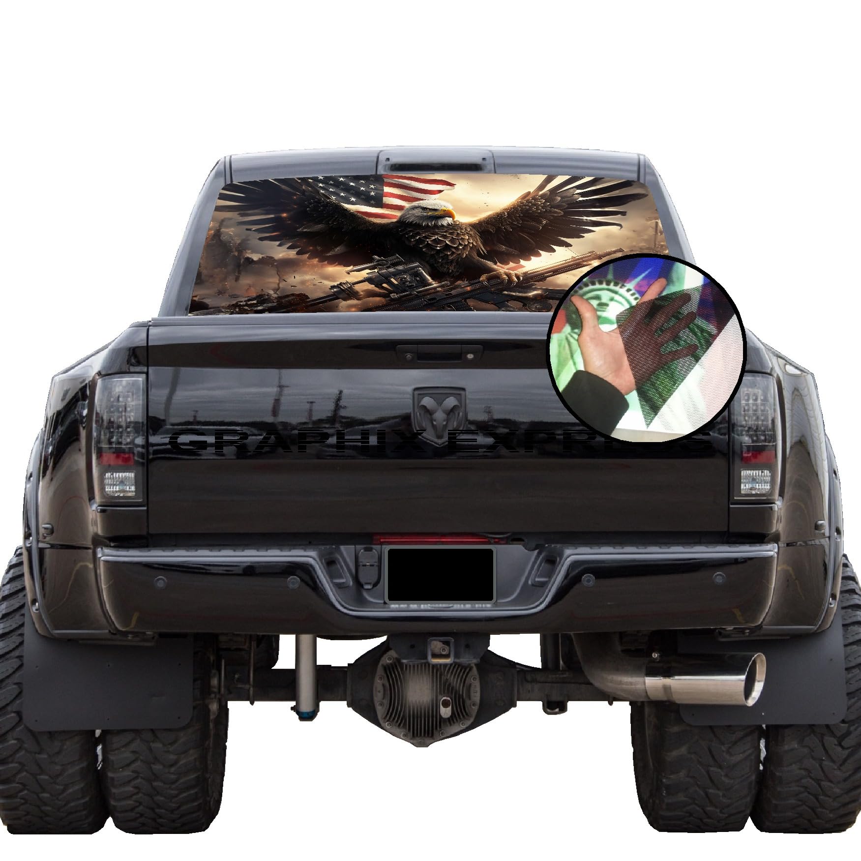 GRAPHIX EXPRESS Truck Back Window Graphics (P550 American Flag Eagle) Universal See Through Rear Window Vinyl Wrap - Full Window Decals for Trucks - Truck Window Decals