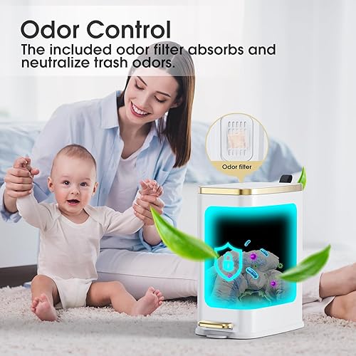 Miniatura 6 de CEROELDA Cubo de basura pequeño para baño con tapa, cierre suave, 5 litros1.3 galones, papelera delgada de metal, papelera rectangular estrecha para