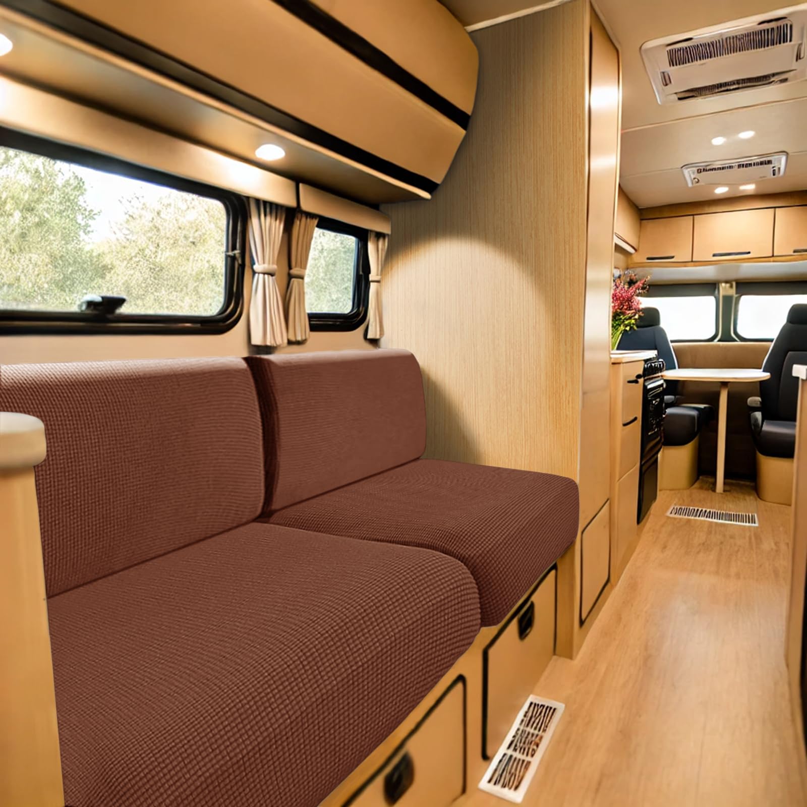 SYLC Caravan Seat Cover Stretch Jacquard, Non-slip RV Dinette Cushion Covers with 2 Straps, Couch Cushion Covers for Camper Sofa Bench (Rust Red,W 145-185 cm, D 45-65 cm)
