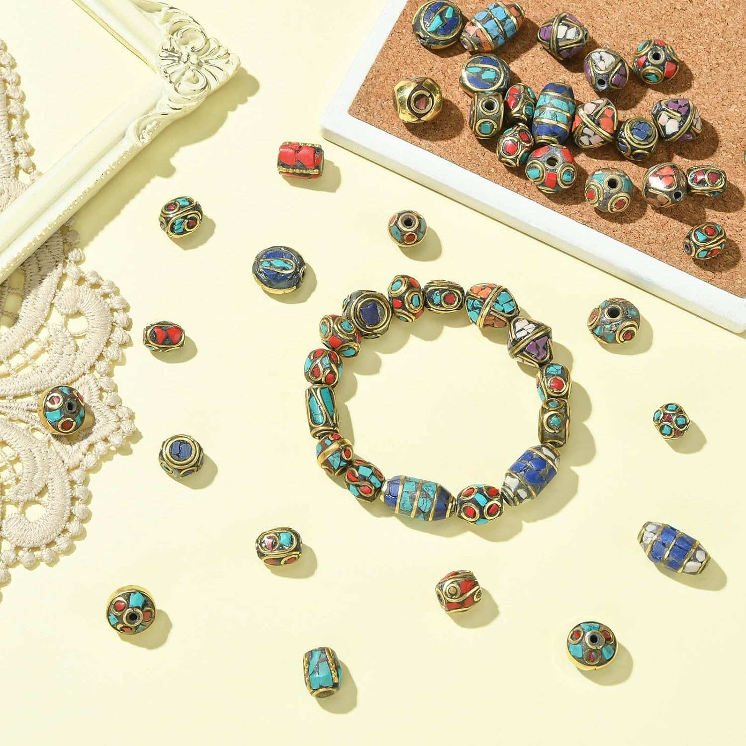 Ornazy 50 pcs Random Tibetan Synthetic Turquoise Coral Beads Round Column Mixed Spacer Beads Handmade Buddha Loose Beads for Bracelet Jewelry Making - Image 5