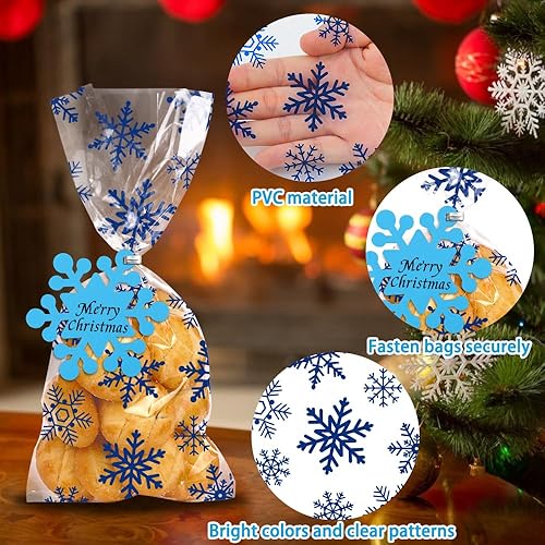 Miniatura 3 de Vellibring 120 bolsas de celofán de Navidad, bolsas de copo de nieve de invierno, bolsas de plástico transparente para galletas de caramelo con