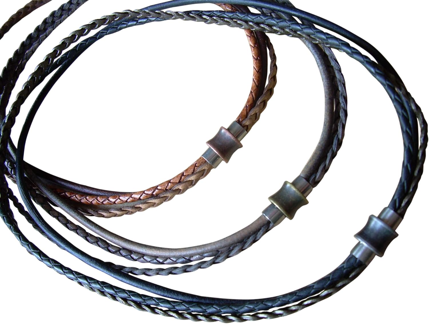 Handmade Triple Strand Braided and Smooth Leather Cord Chain Necklace with Antiqued Stainless Steel Magnetic Clasp - Genuine Leather Necklace for Men Women - Available sizes: 16,18,20,22,24 inch