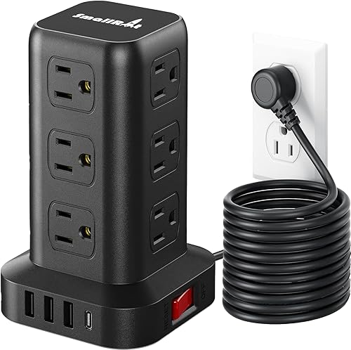 PD20W - Torre de regleta de protección contra sobretensiones, cable de extensión de 15 pies con múltiples tomas, 12 AC 4 USB (1 USB C), mini regleta