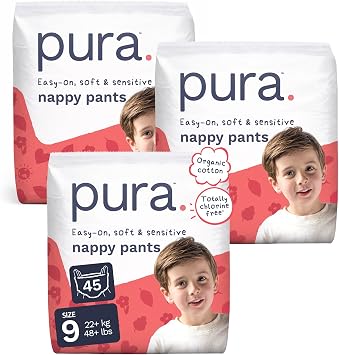 Pura Luierbroek maat 9, 45 stuks, 22+ kg / 48 kg, 360 ° elastische pasvorm, zindelijkheidstrainingsbroek voor hypoallergene en gevoelige huid, tot 12 uur nachtelijke lekbescherming, volledig