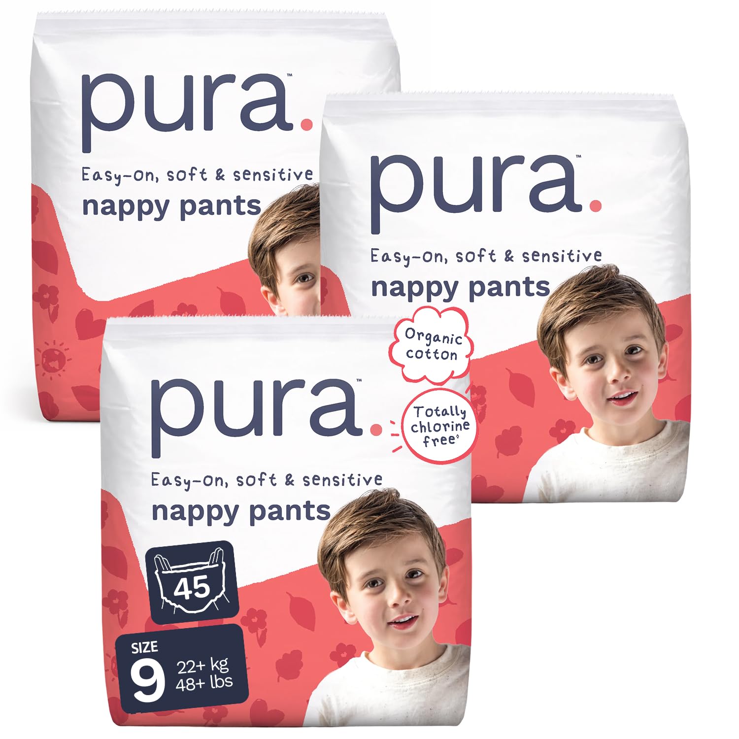 Pura Nappy Pants Size 9, 45 Count, 22+kg/48+lbs, 360° Stretch Fit, Potty Training Pants for Hypoallergenic & Sensitive Skin, Up to 12 Hours Overnight Leak Protection, Totally Chlorine Free