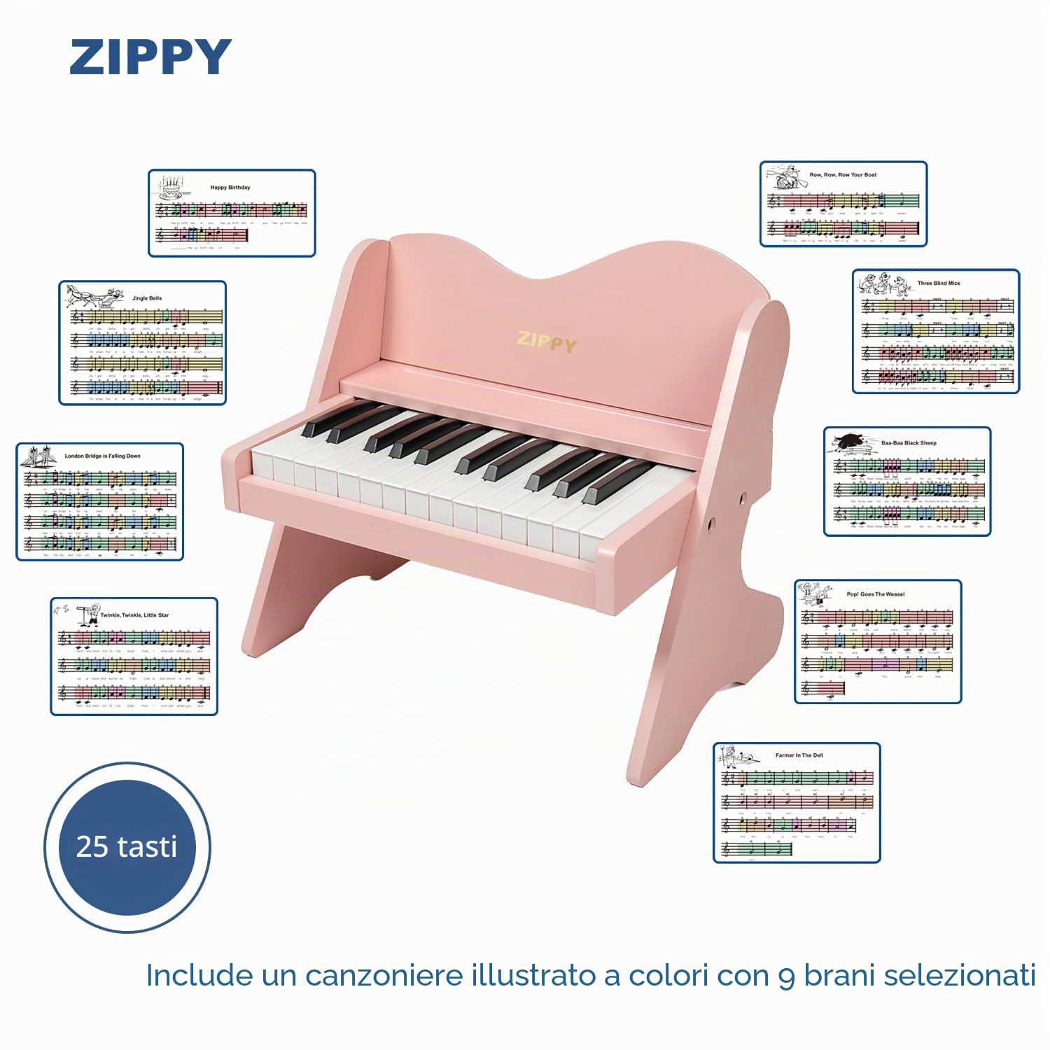 ZIPPY Tastiera Pianoforte per Bambini, 25 tasti digitale, volume regolabile, mini strumento educativo musicale, giocattolo in legno per ragazze e ragazzi. (Rosa)