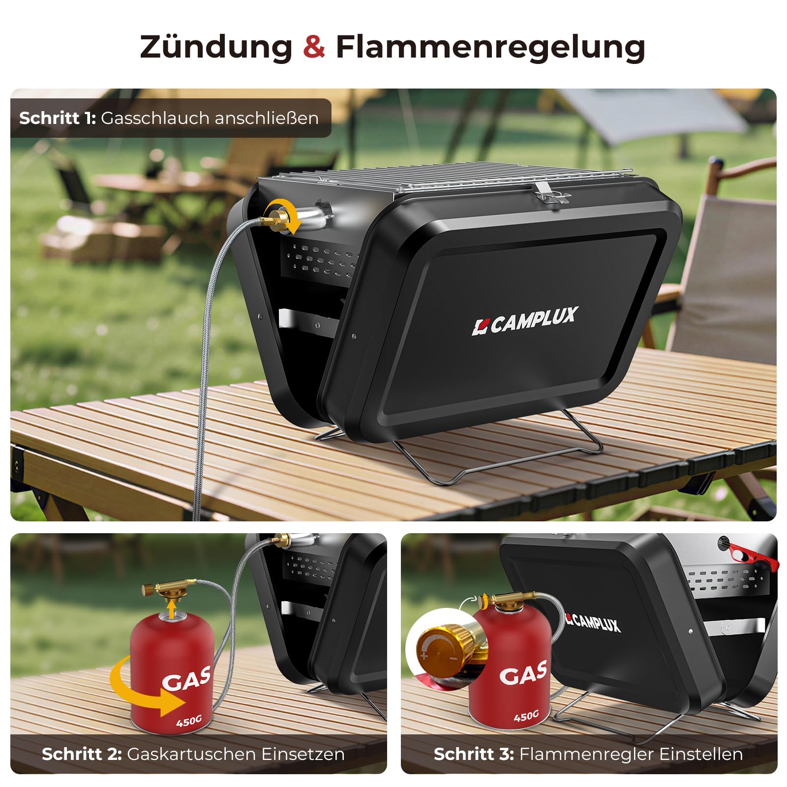 CAMPLUX Tragbarer 2-in-1 Koffergrill, Gas- und Holzkohle-Campingkocher mit 32 x 23,5 cm Rost, klappbar kompakt für Camping, Rucksackreisen, Balkon & Reisen, FoldGo FG16GB