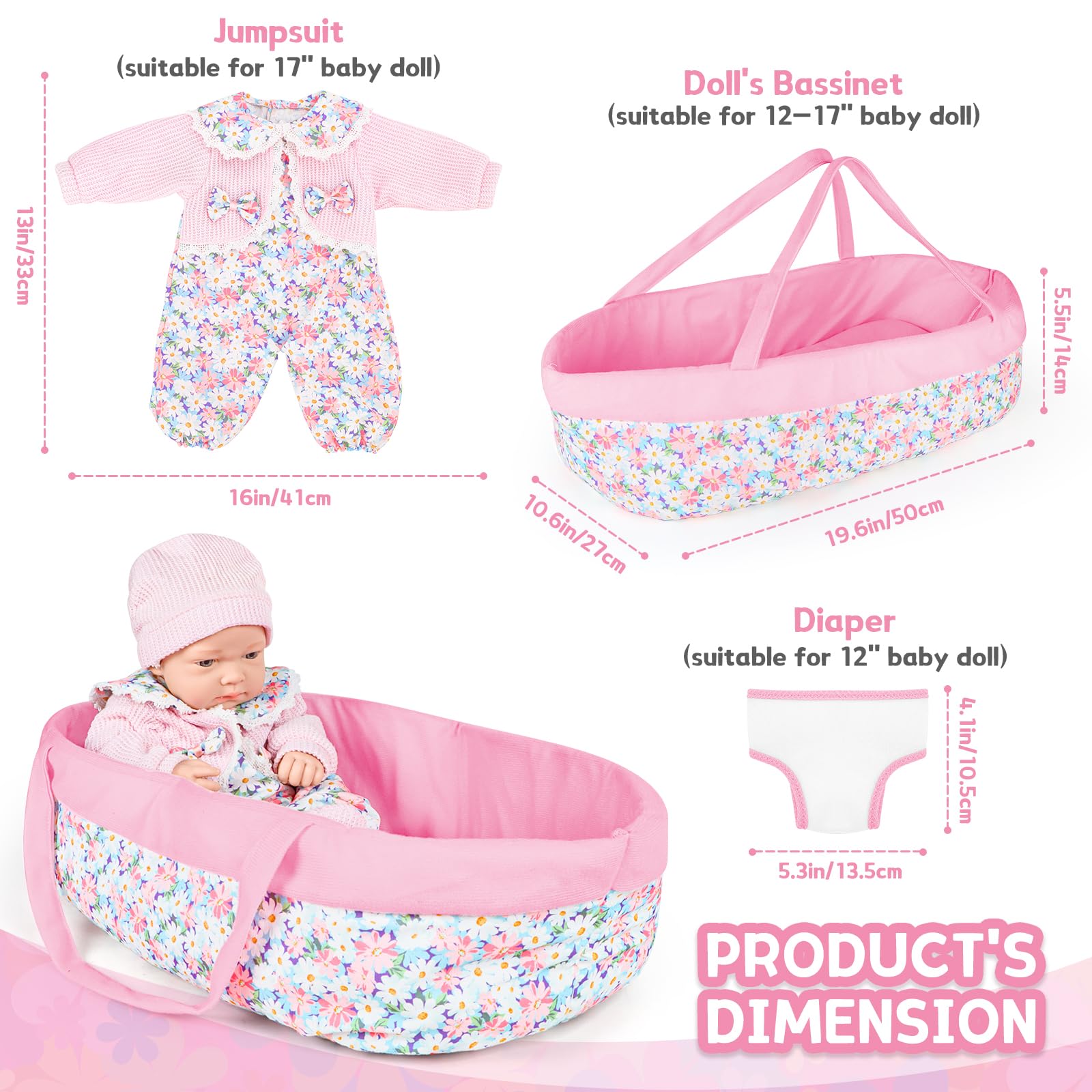deAO Abbigliamento per Bambole con Culla - Set 11 Pezzi (30-43 cm) 3+ Anni