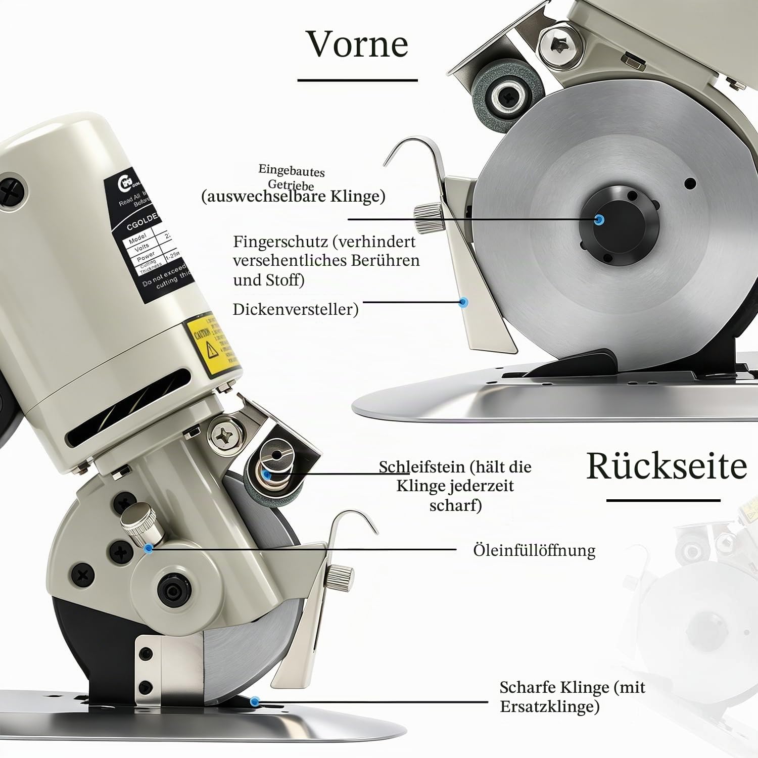 CGOLDENWALL YJ-90B Tragbarer Elektrischer Industrieller Stoffschneider丨30 mm Maximale Schnittdicke丨90 mm Klingengröße丨Ideal für Textiles Lederpapier mit Ersatzklinge&Deutsches Benutzerhandbuch