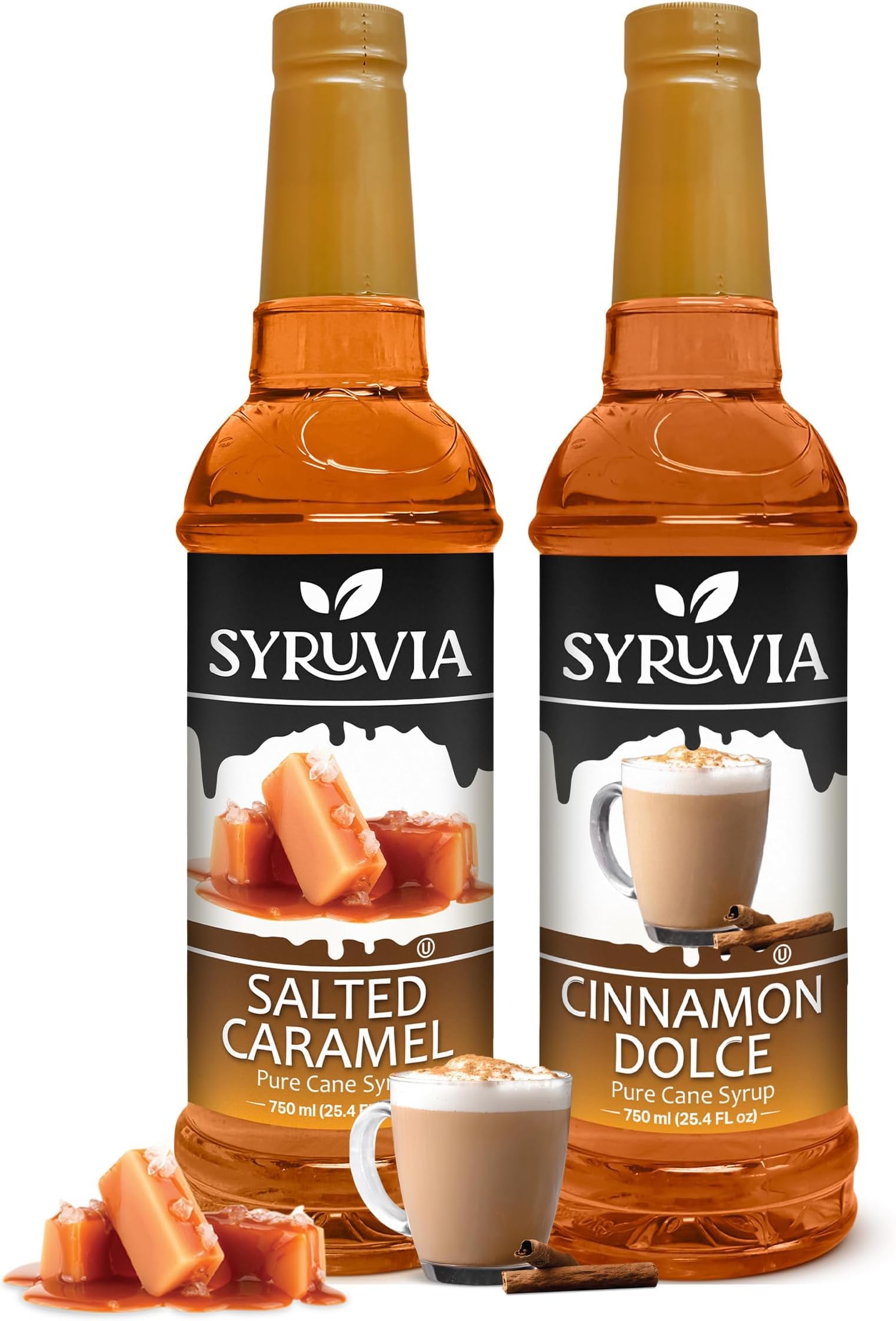 Salted Caramel & Cinnamon Dolce Syrup- 25.4 fl oz Premium Coffee Flavoring Syrup. Kosher and Gluten-Free. Perfect for Drinks, Sodas, Shakes, Desserts, and More.