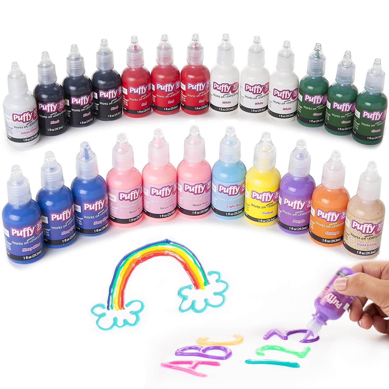 Puffy Premium Quality Nontoxic Set of 24 Bright Colors. Safe for Kids, for School Projects, Permanent on Fabric, Canvas 3D Paint, 24 Pack, 24 Count
