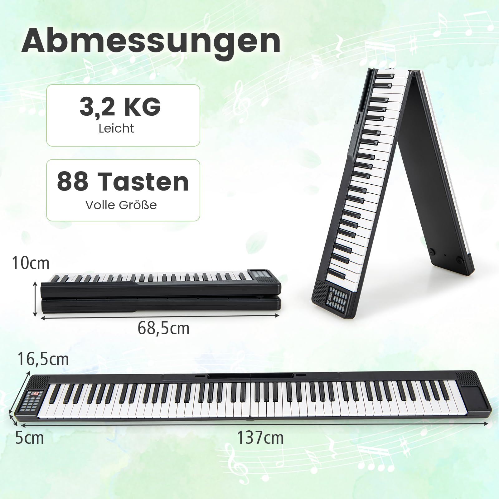 COSTWAY 88 Tastatur Keyboard faltbar, Digital Piano mit MIDI & Bluetooth & 128 Rhythmen & 128 Tönen, Elektronisches Klavier für Kinder, Klaviertastatur mit Tasche, E Piano, Schwarz